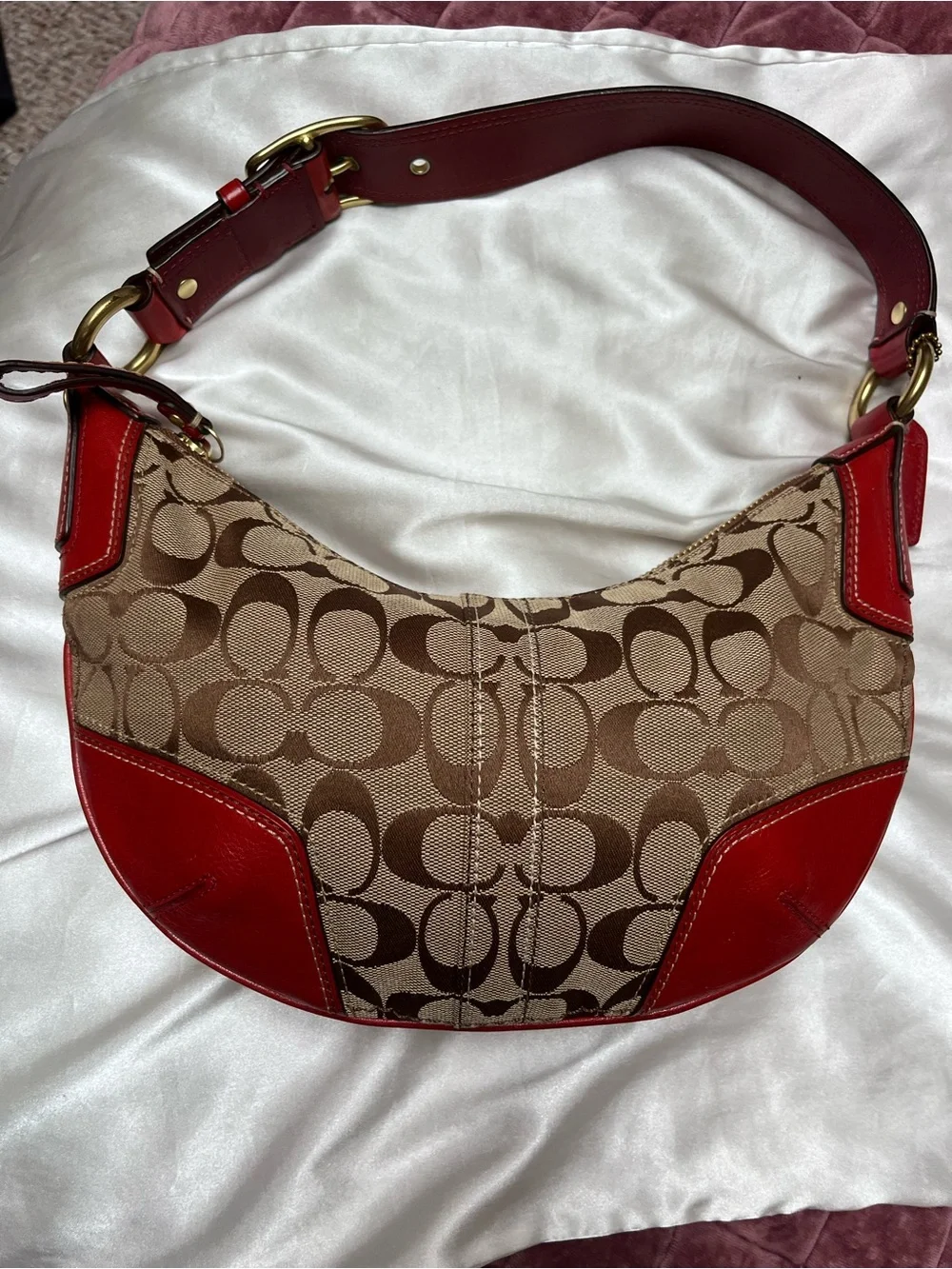 Coach Signature Canvas Hobo Bag with Red Leather Trim